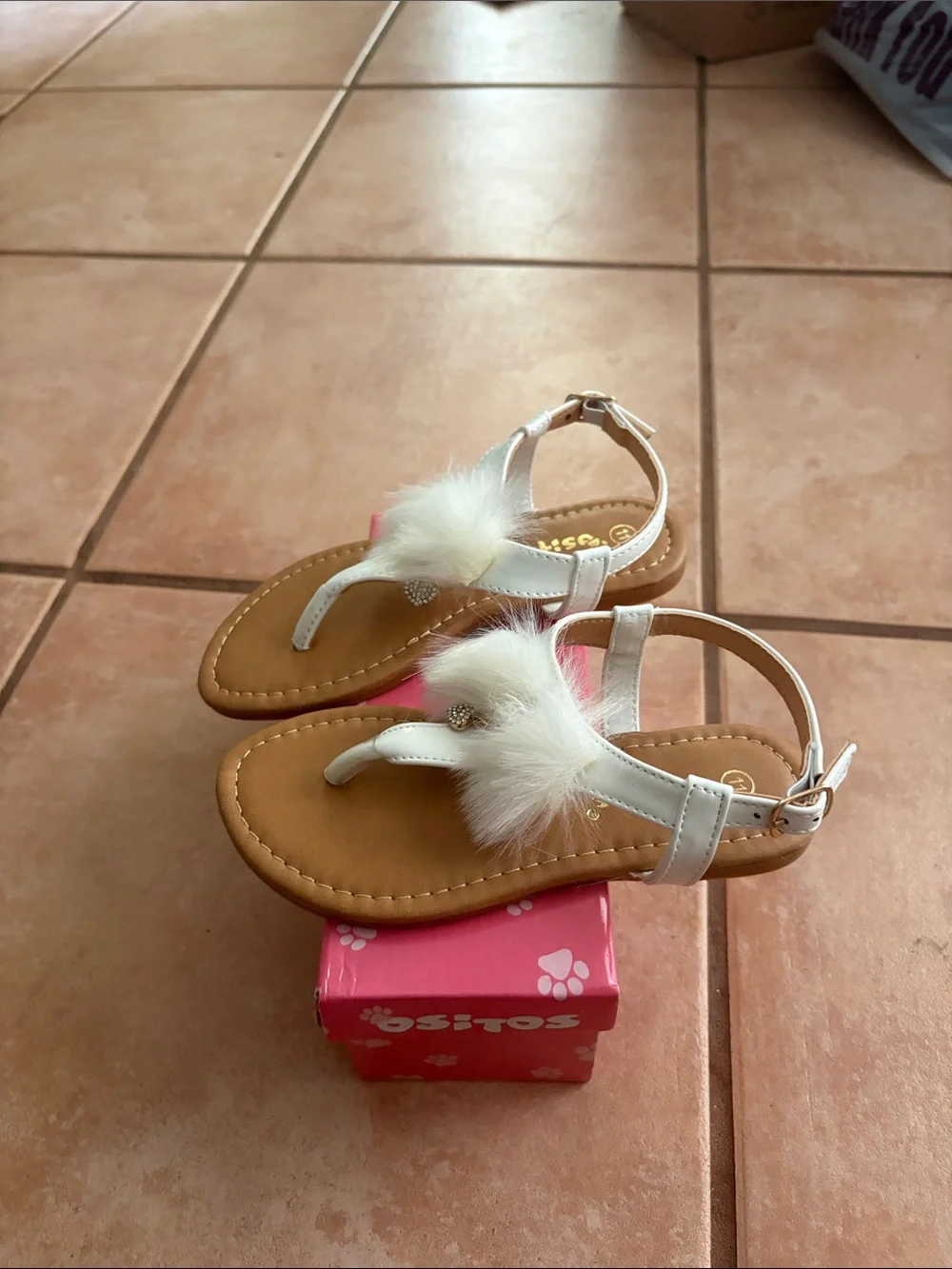 Girls White Faux Fur T-Strap Sandals with Ankle Strap